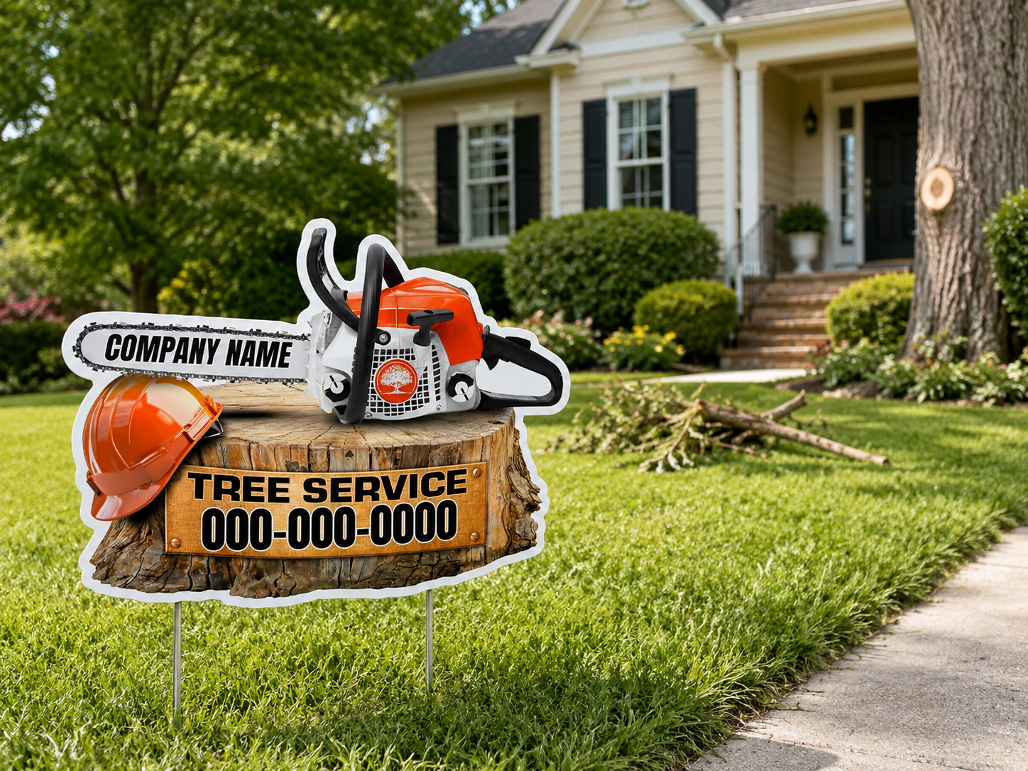 A chainsaw sign in front of a customer home with a lawn.
