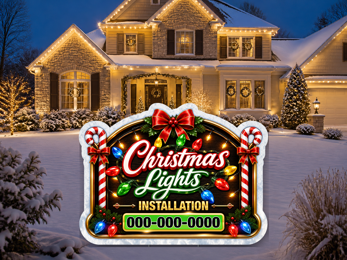 Candy Cane Christmas Lights Die-Cut Yard Sign installed in a real customer yard