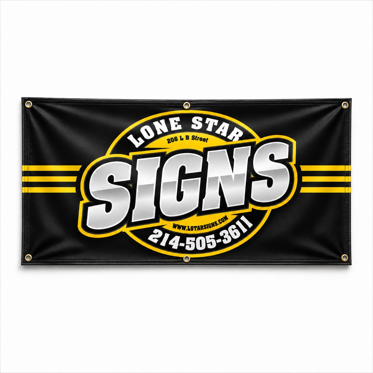 A black banner with yellow stripes and the text 'LONE STAR SIGNS' prominently displayed.