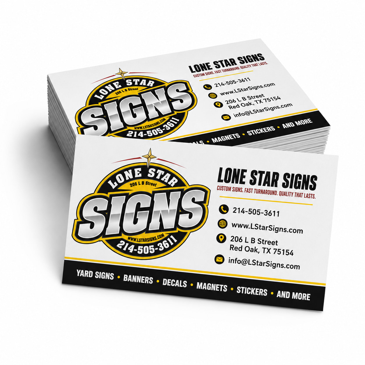 A stack of business cards for Lone Star Signs.
