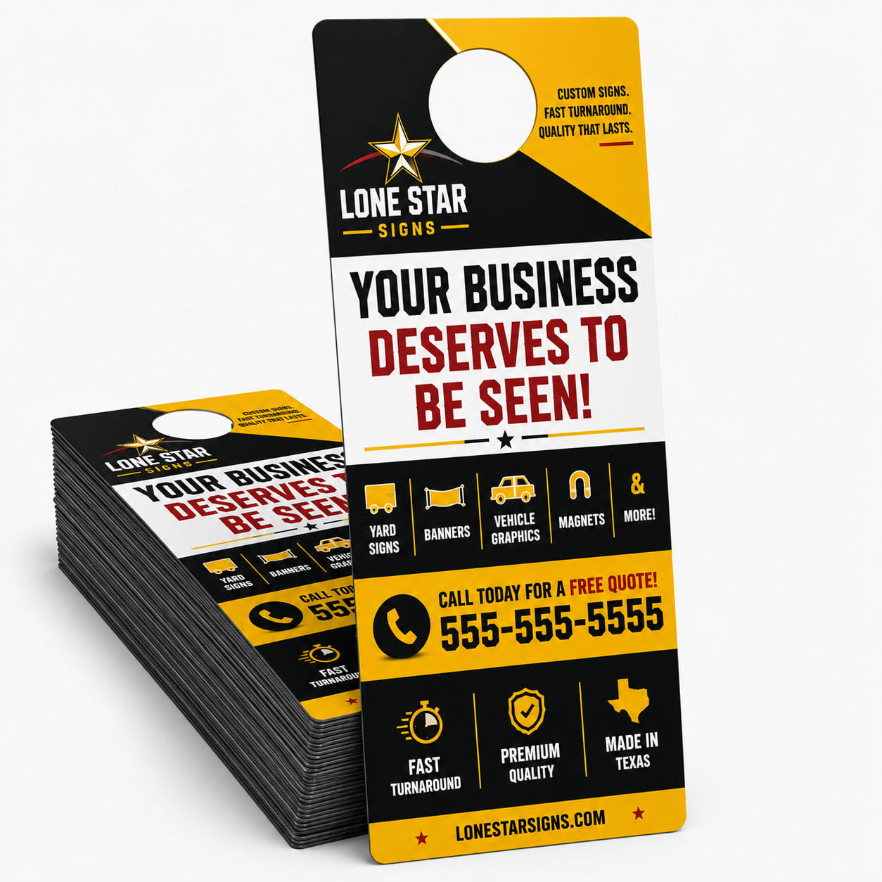 A stack of business sign flyers featuring the text 'Your Business Deserves to Be Seen!'