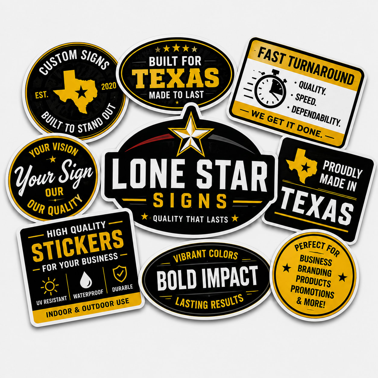 A collection of various sign designs featuring text about quality and Texas.