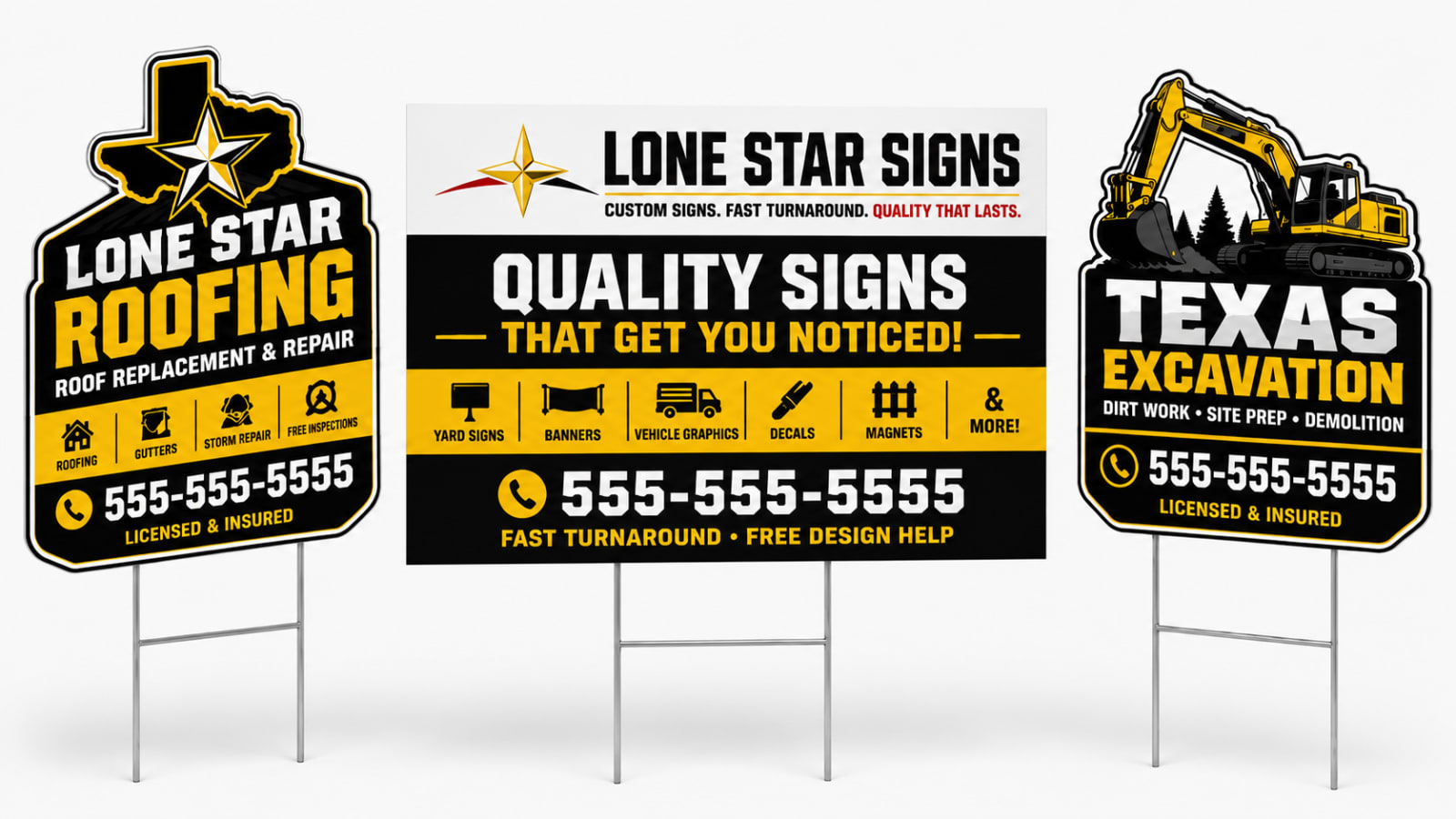 Three advertising signs for Lone Star Signs featuring roofing and excavation services.