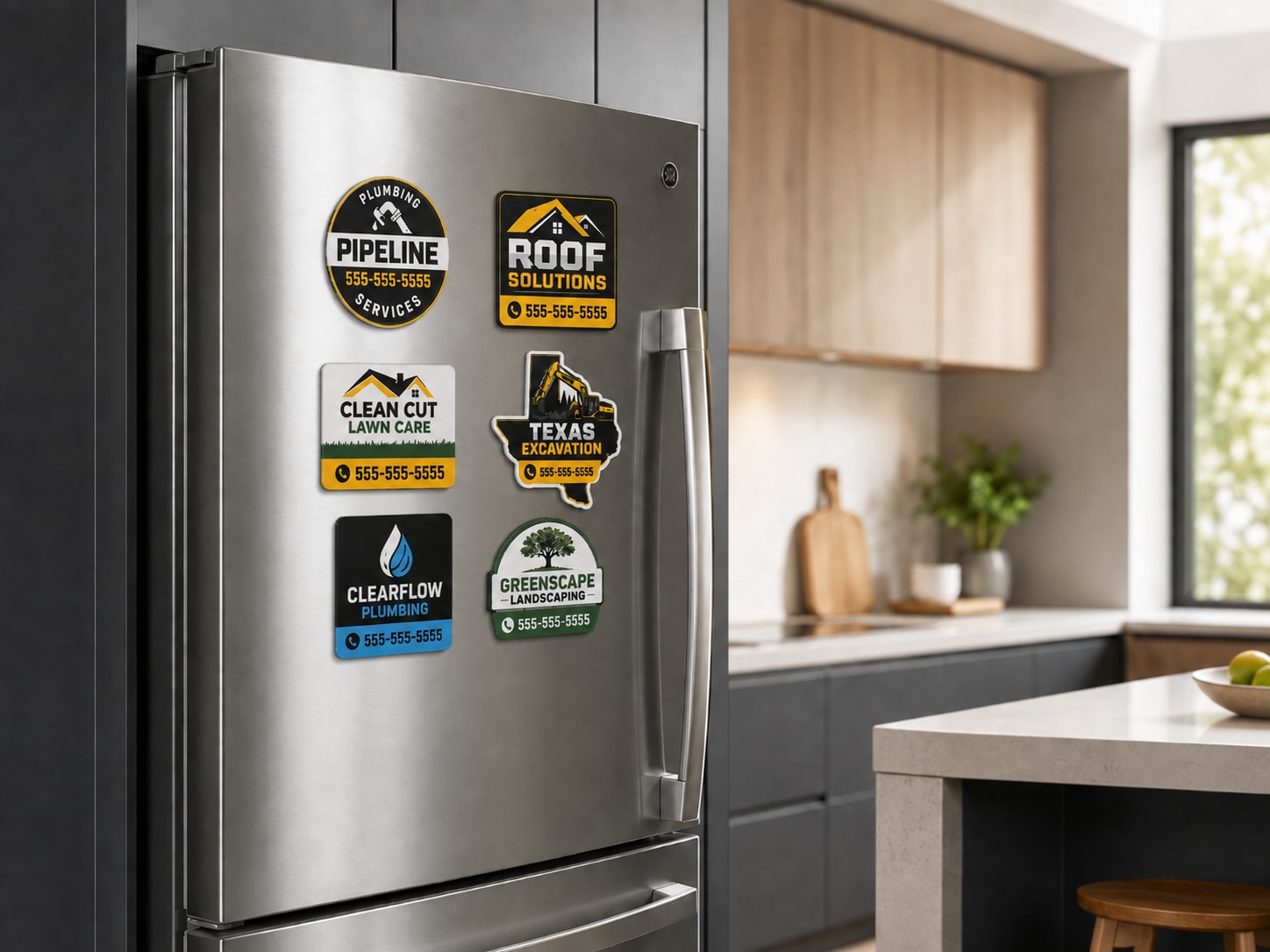 A refrigerator displaying various service company magnets.