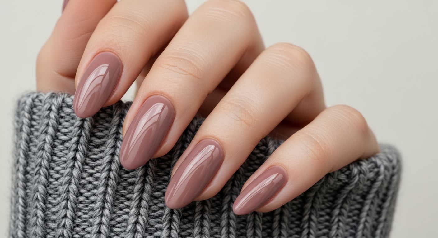 Elegant Taupe Almond Nails on Cozy Sweater