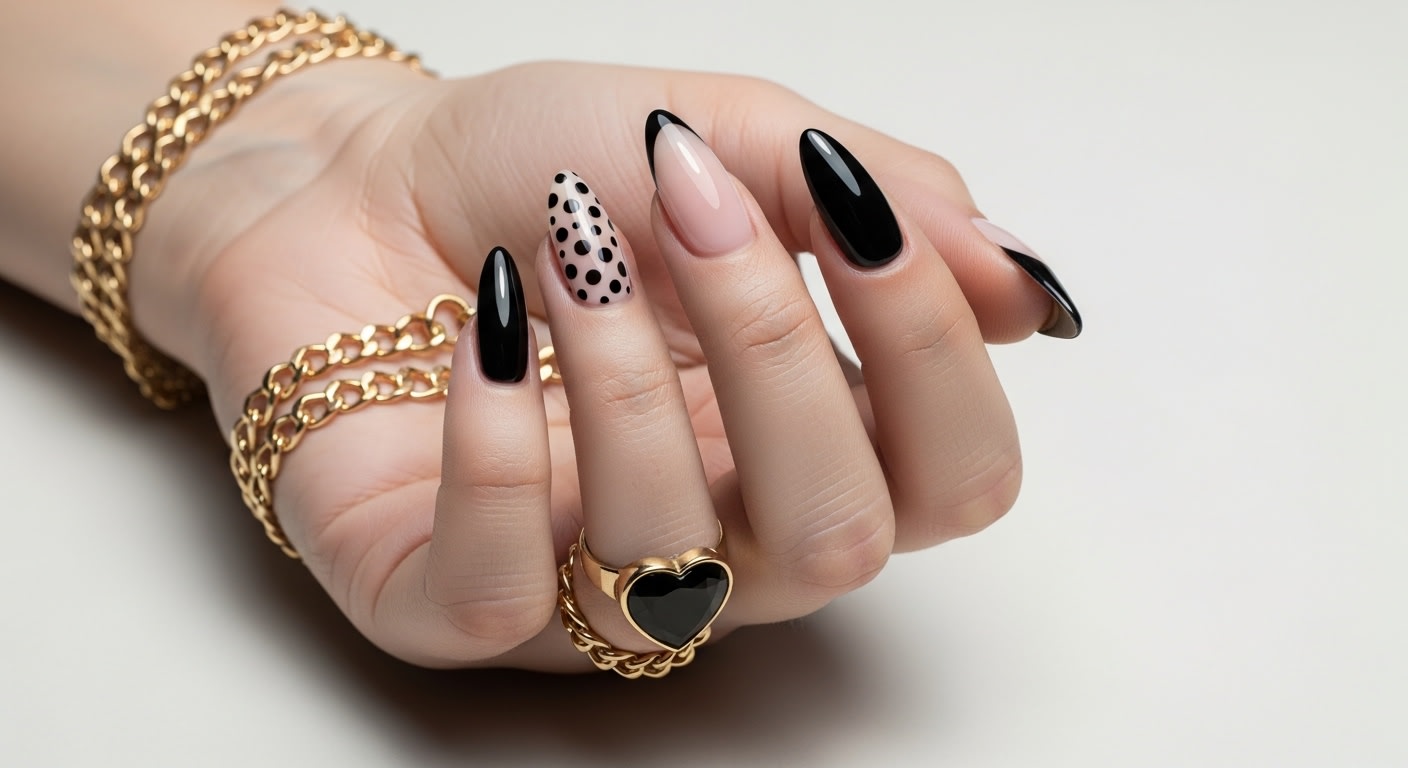 Chic Black & Pink Almond Nail Art with Gold Accents