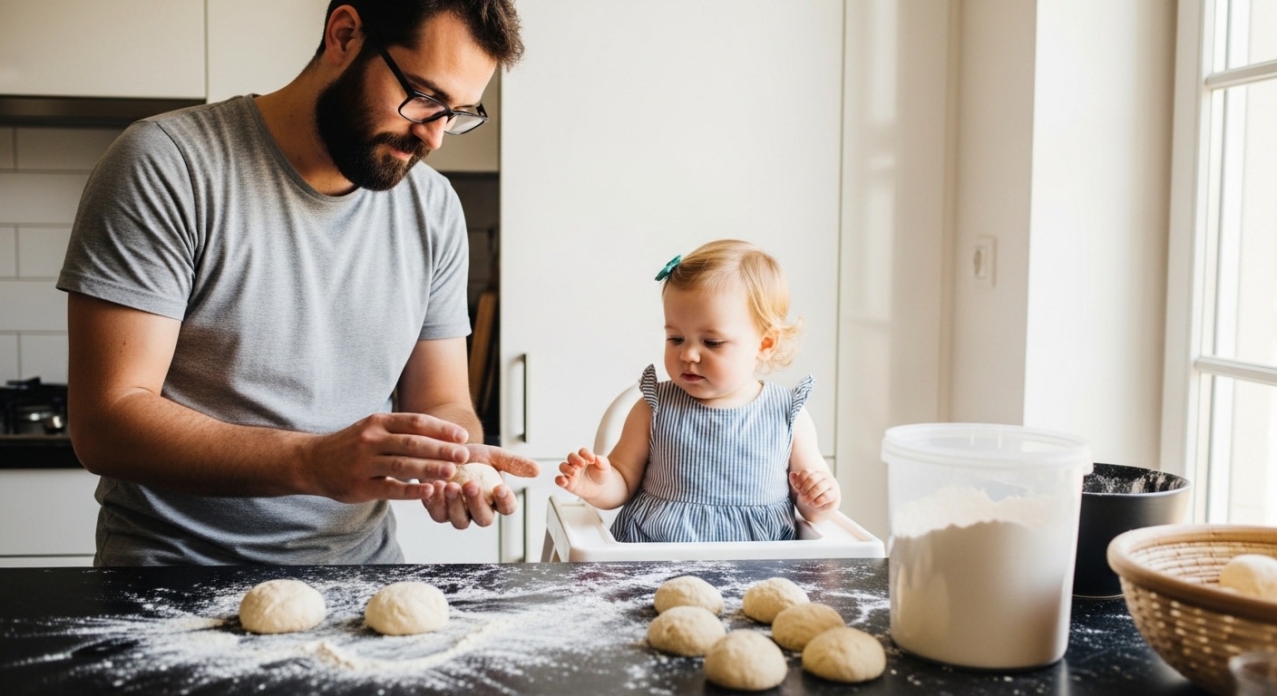 Father and Daughter Bake Together in a Sunny Kitchen