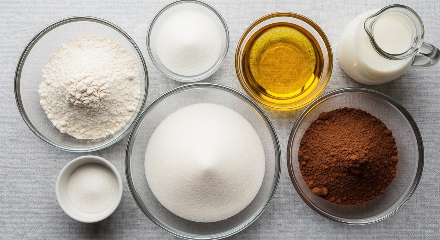 Whimsical Baking Ingredients: Sweet Cocoa, Flour, Sugar, Oil, Milk