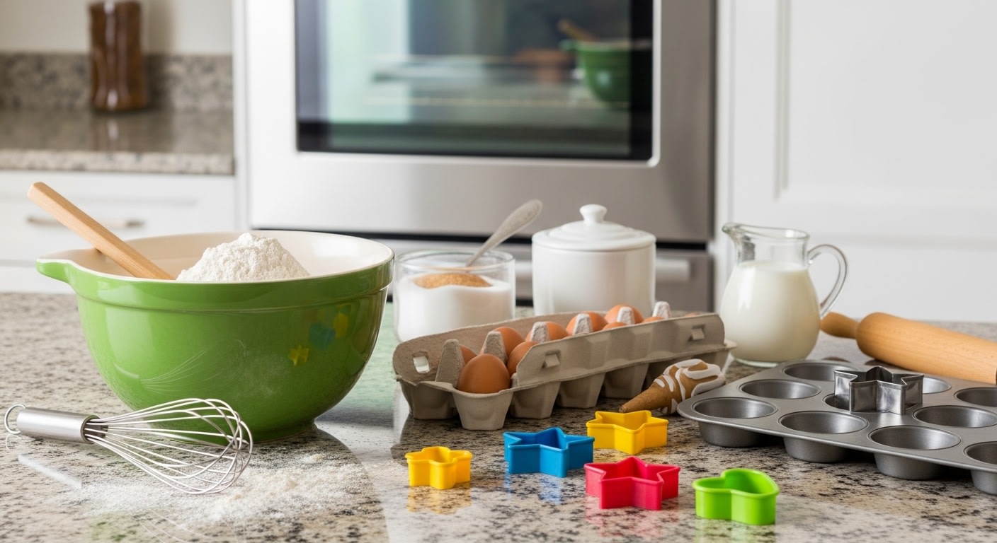Baking Countertop Design Fresh Baking Ingredients & Tools on Countertop