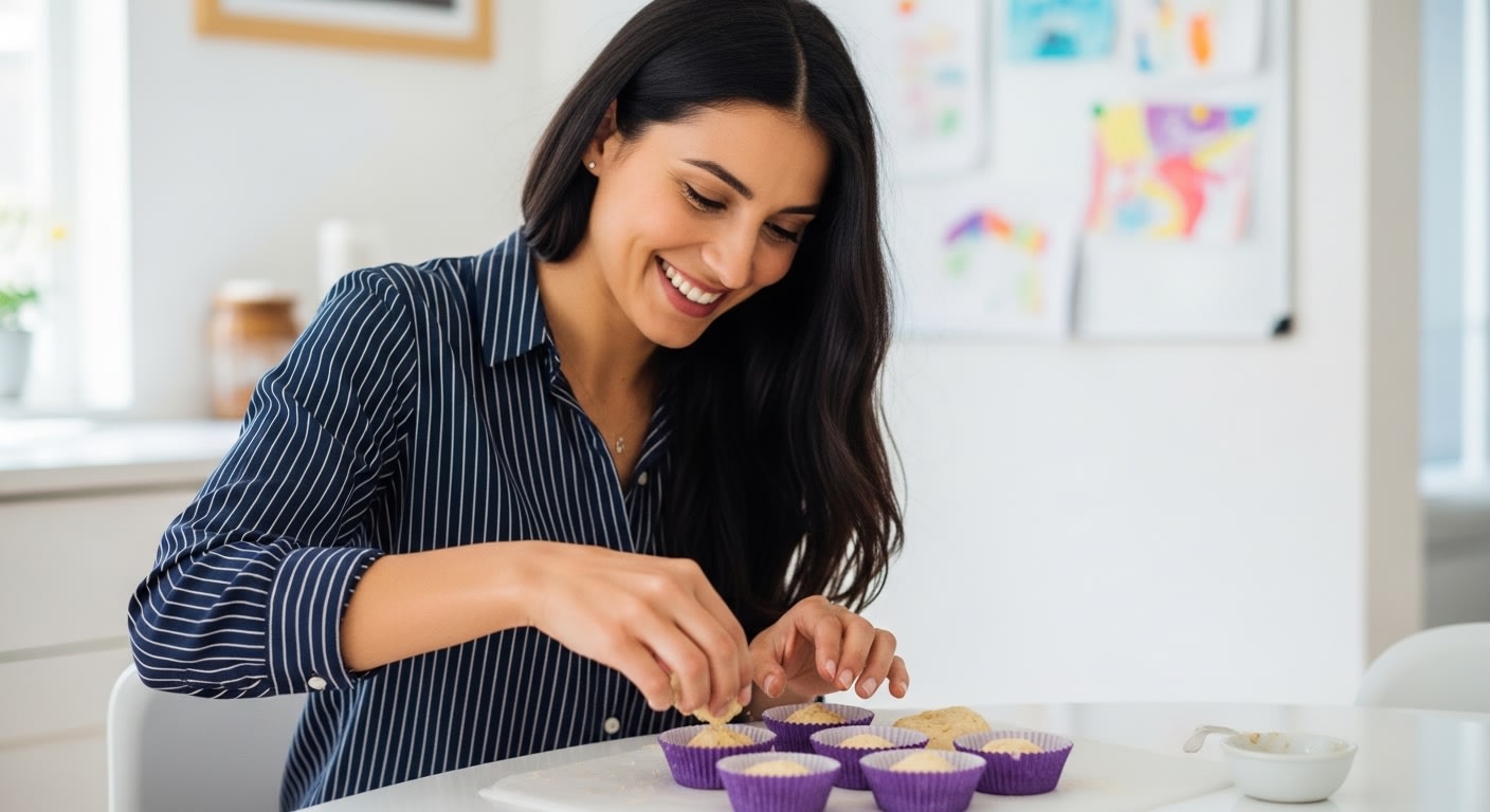 Joyful Woman Baking Cupcakes in a Bright Kitchen