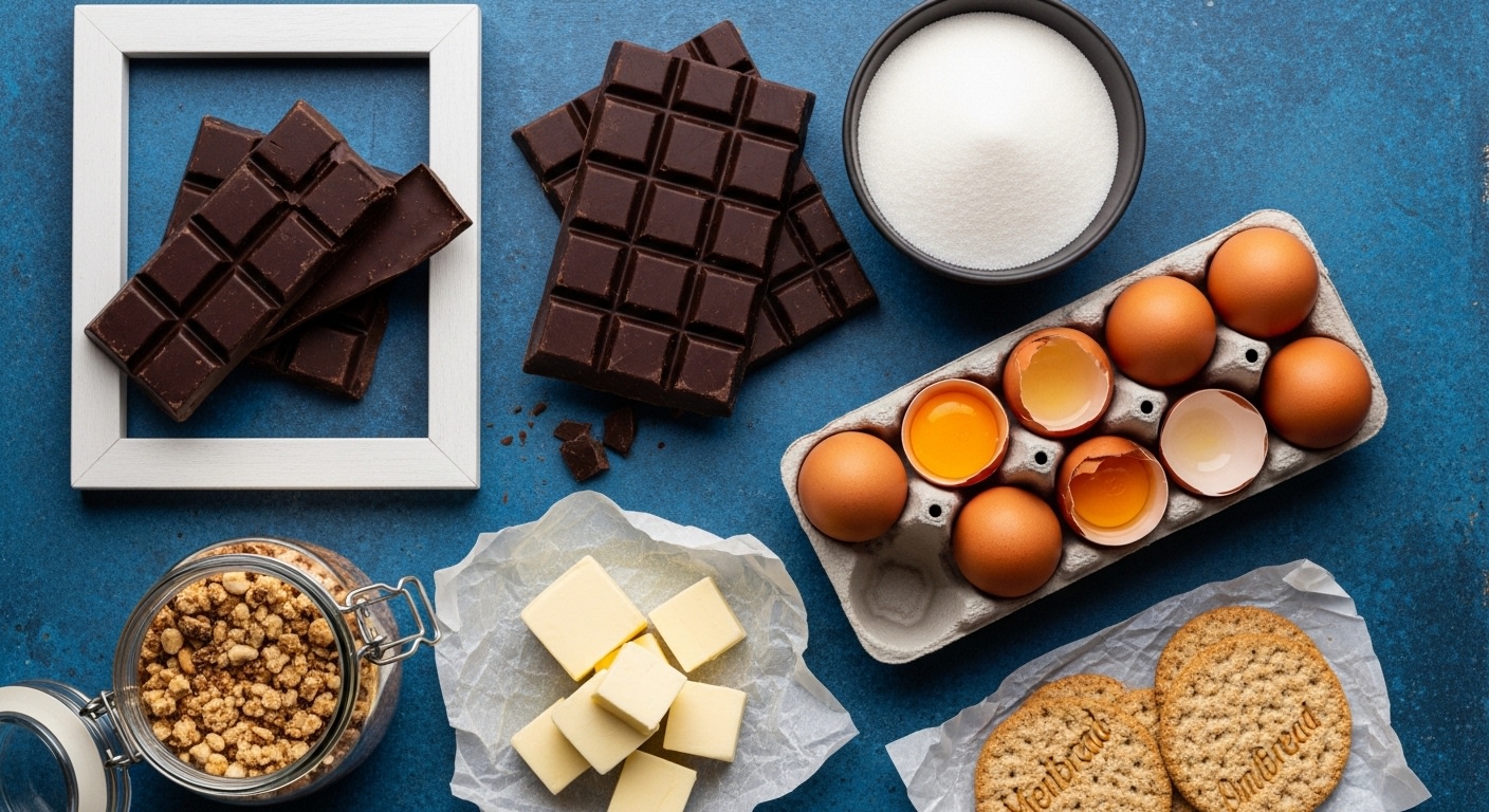 Delicious Baking Ingredients: Chocolate, Eggs, Butter, Sugar