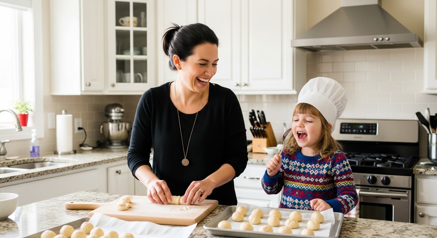 Joyful Mother and Child Baking Together in Kitchen