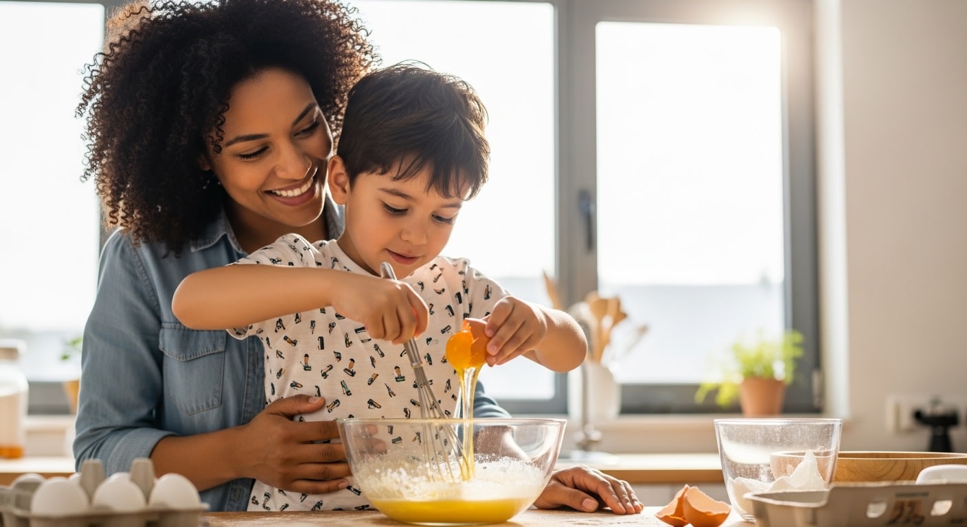 Joyful Mother and Son Baking Together in Kitchen
