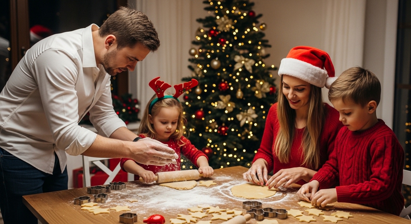 Joyful Family Baking Christmas Cookies by Tree
