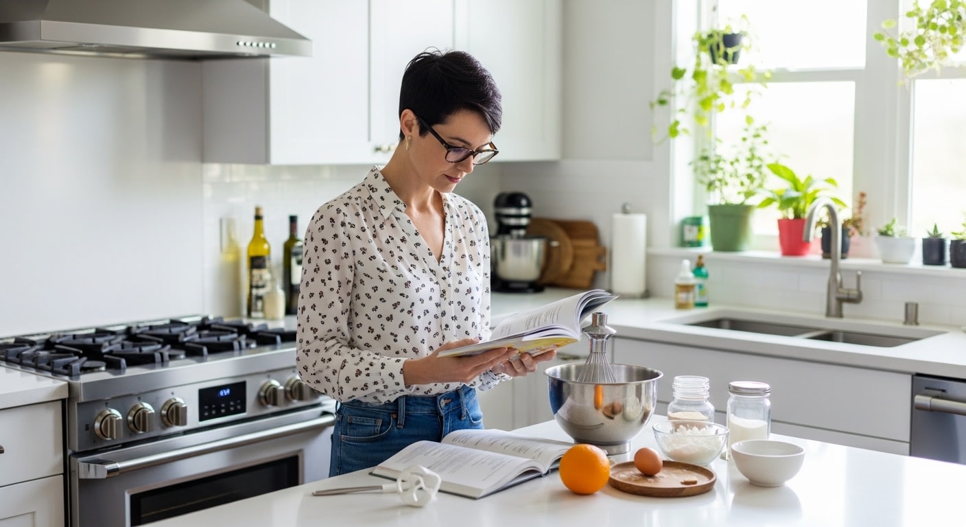 Focused Baker Reading Recipe in Bright Kitchen