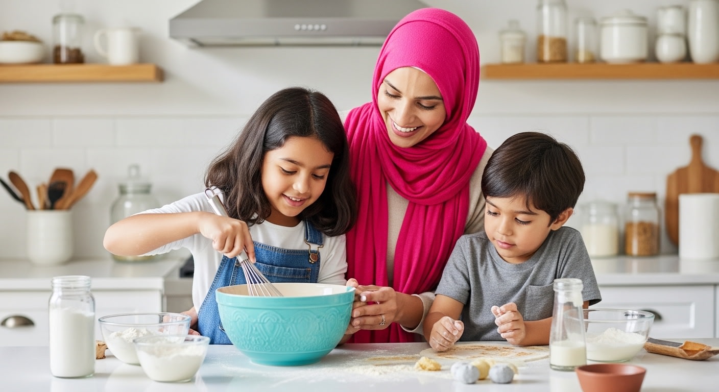 Joyful Family Baking: Mother and Kids Prepare Treats