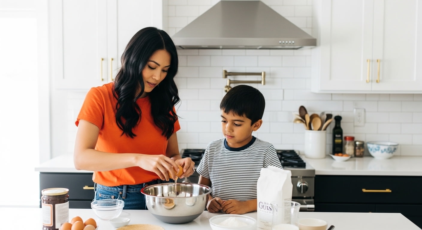 Joyful Mother and Son Baking Together in a Modern Kitchen