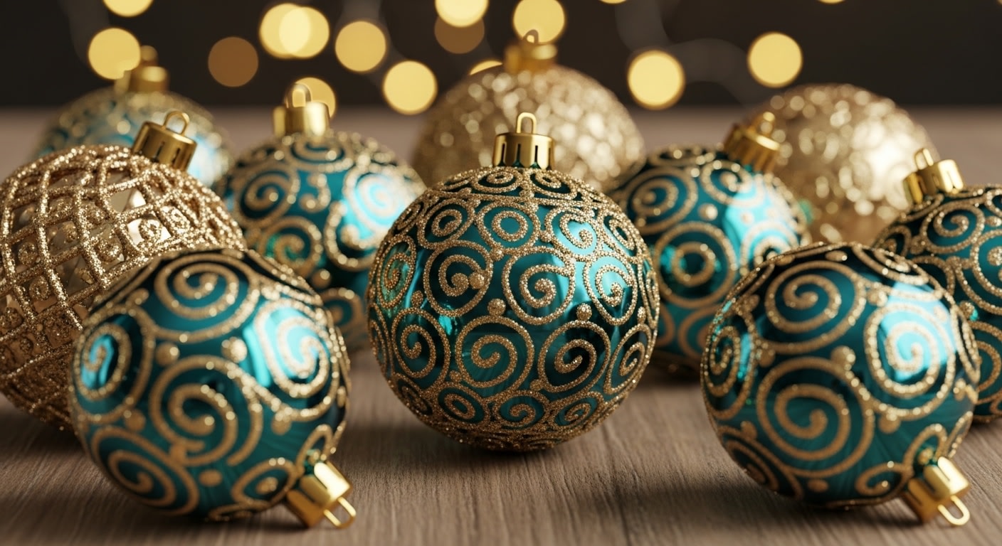 Elegant Teal & Gold Christmas Ornaments Bokeh