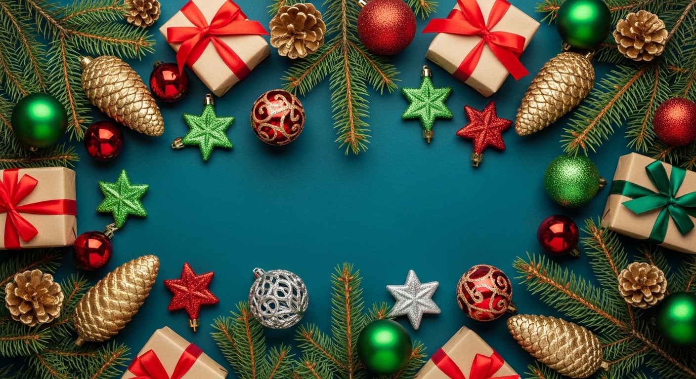Festive Christmas Frame: Gifts, Ornaments & Pine