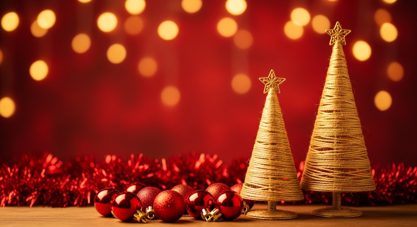 Golden Christmas Trees with Red Ornaments & Bokeh