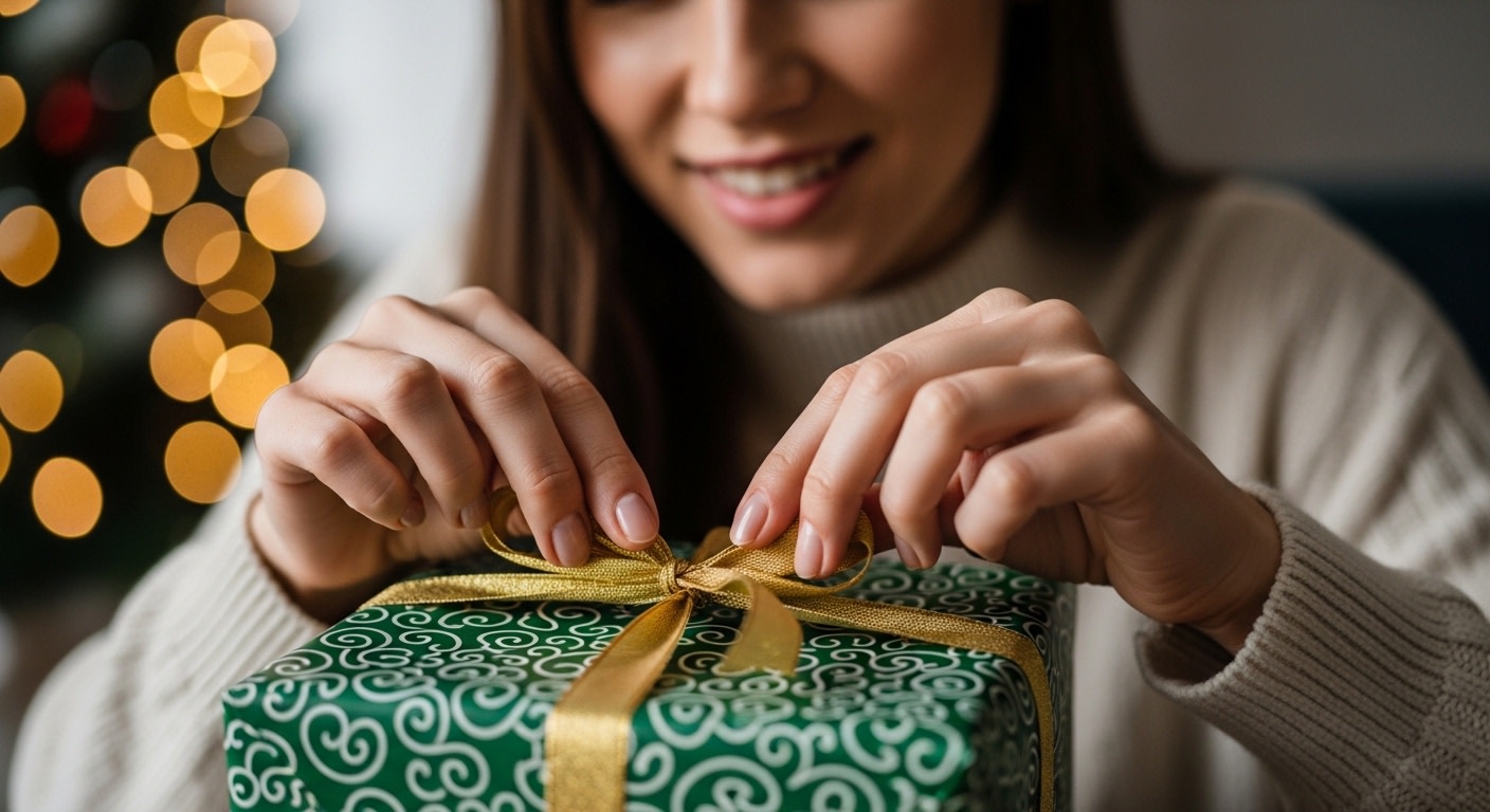 Joyful Christmas Gift Wrapping: Woman Ties Gold Ribbon