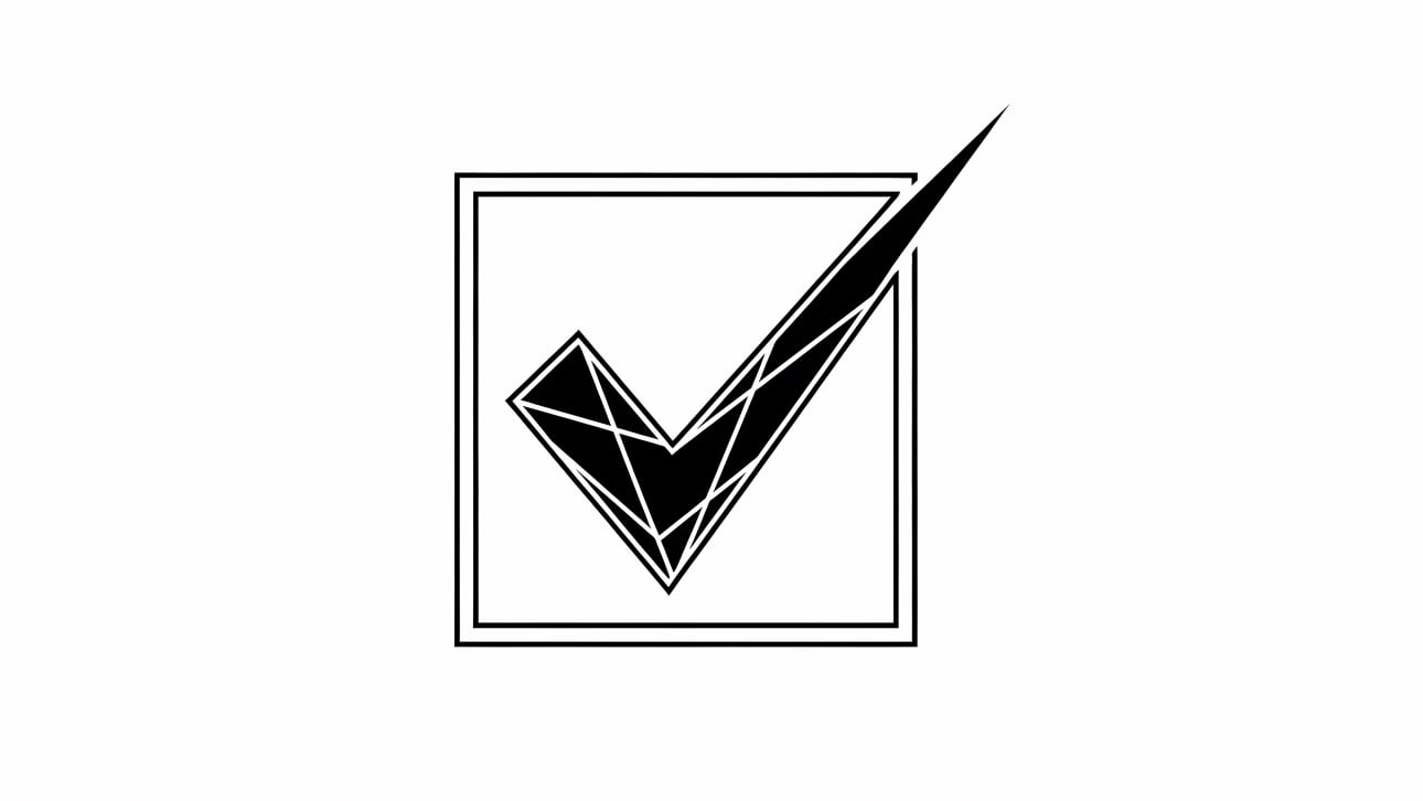 A geometric vector illustration of the primary subject, a checkmark inside a square, rendered in black and white.
