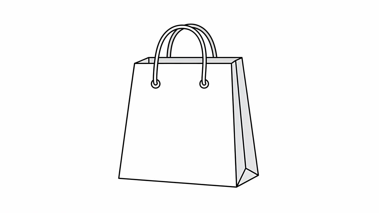 A simple illustration of the primary subject, a white shopping bag with black outlines, against a white background, ideal for retail and design projects.