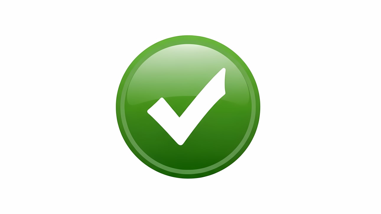 A digital green checkmark button on a white background, symbolizing approval and success.