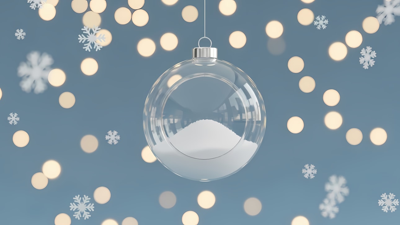 Download this beautiful Christmas ornament free vector featuring a snow globe, bokeh lights, and snowflakes for your holiday designs.