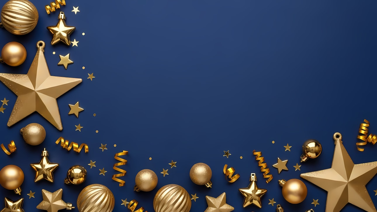 Discover a stunning holiday background featuring golden stars, ornaments, and ribbons on a deep blue. Perfect for festive designs and greetings.