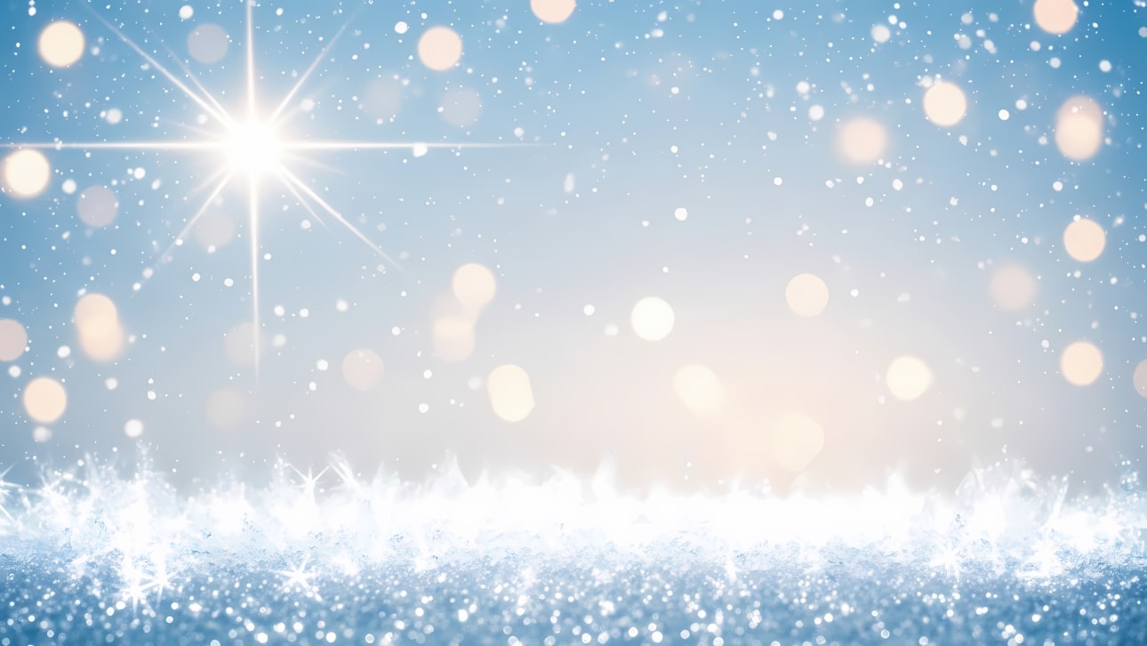 Discover a beautiful, sparkling winter background with snow, bokeh, and a radiant starburst for your festive projects. Perfect for holidays.