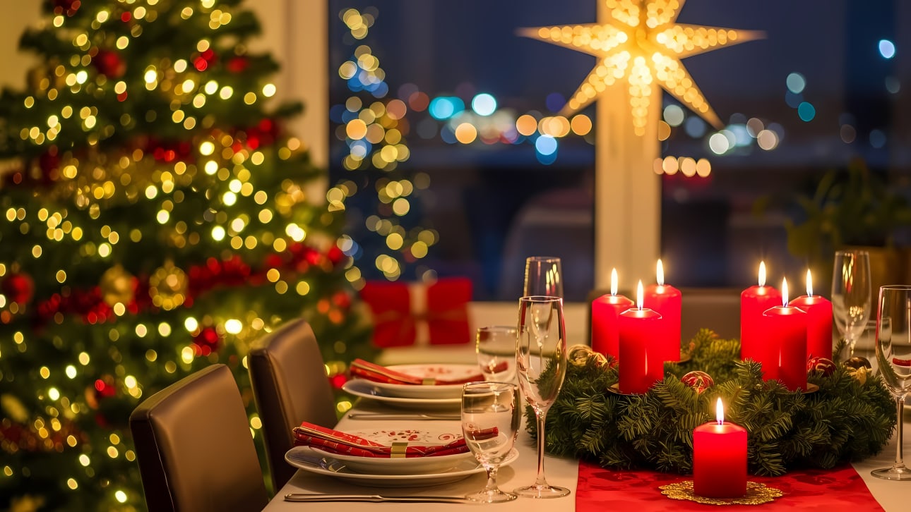 Capture the holiday spirit with this beautiful Christmas dinner table setting, featuring glowing candles, a decorated tree, and festive decor.