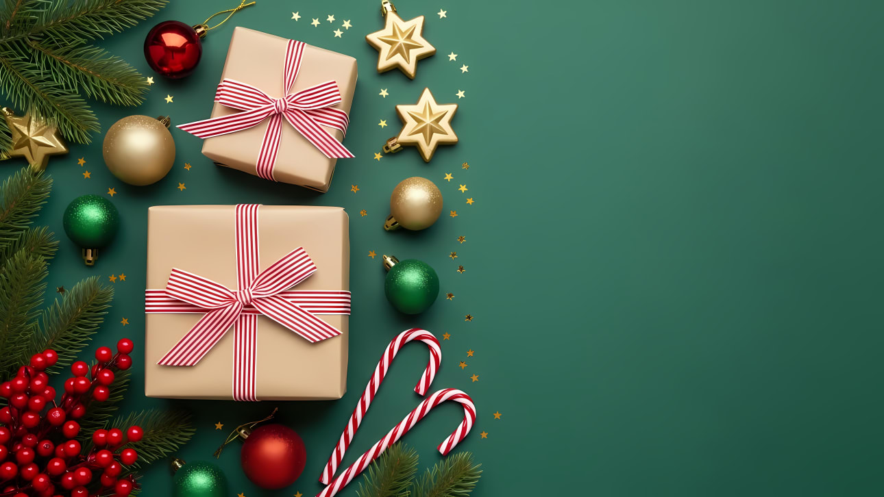 Discover a stunning Christmas flat lay with gifts, ornaments, pine, and candy canes on a rich green background. Perfect for holiday designs.