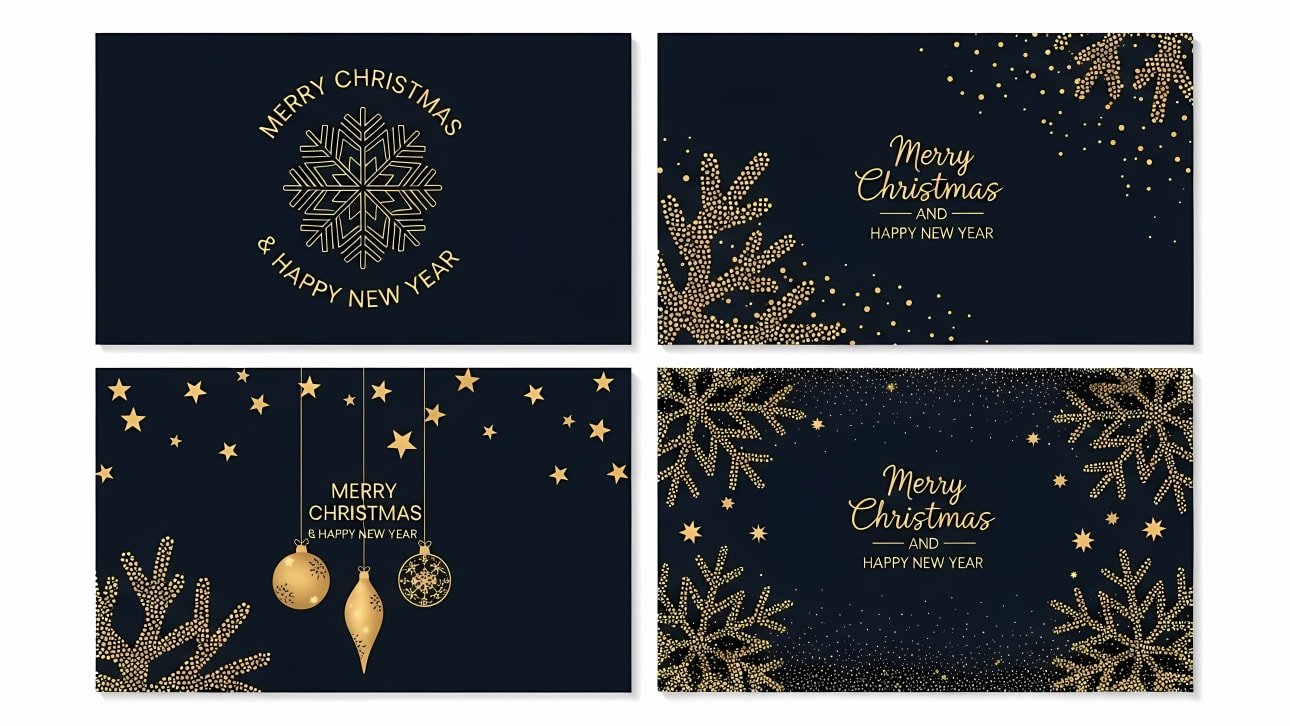 Download stunning, elegant Christmas & New Year Free Vector card designs with gold accents on dark backgrounds.