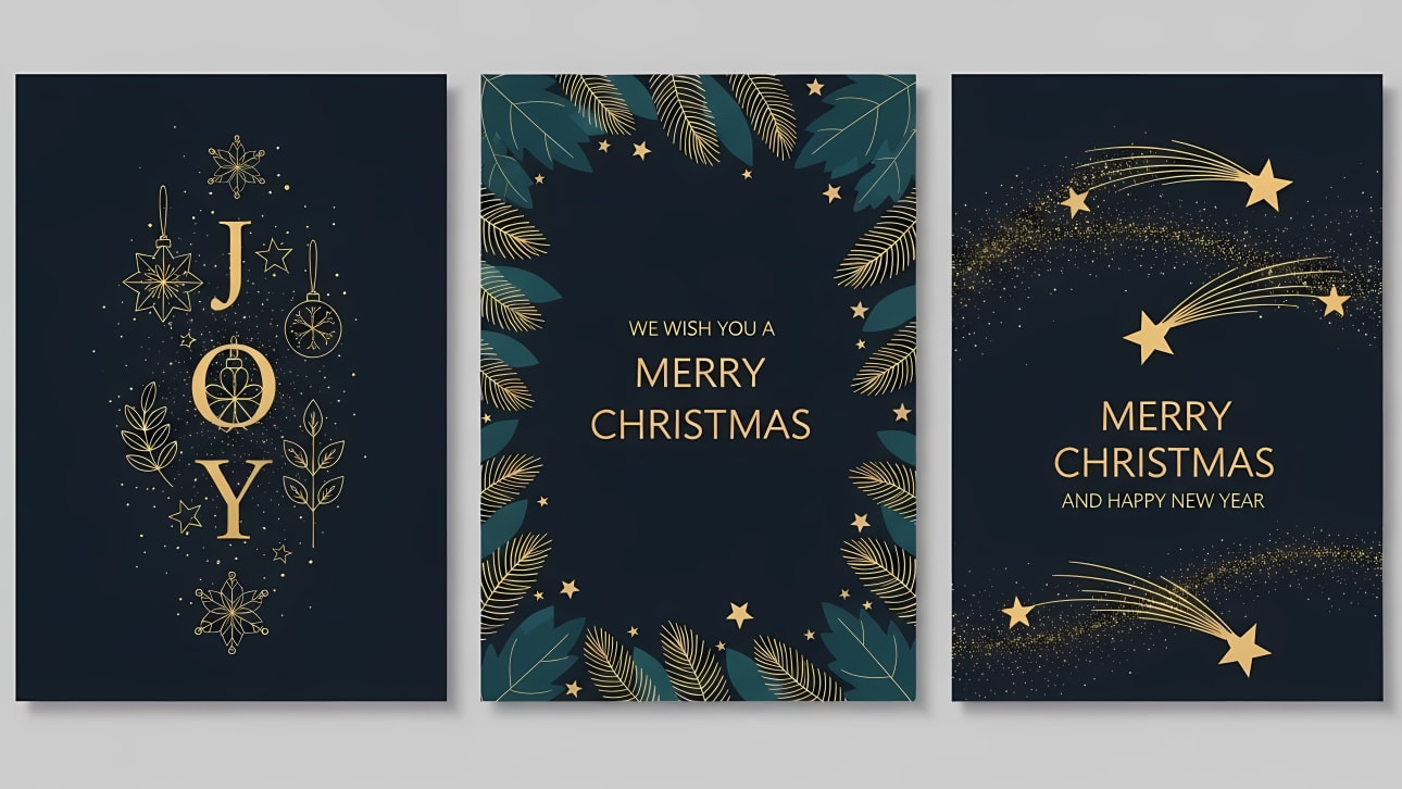 Discover a collection of elegant Christmas card designs featuring gold accents, festive foliage, and starry motifs.