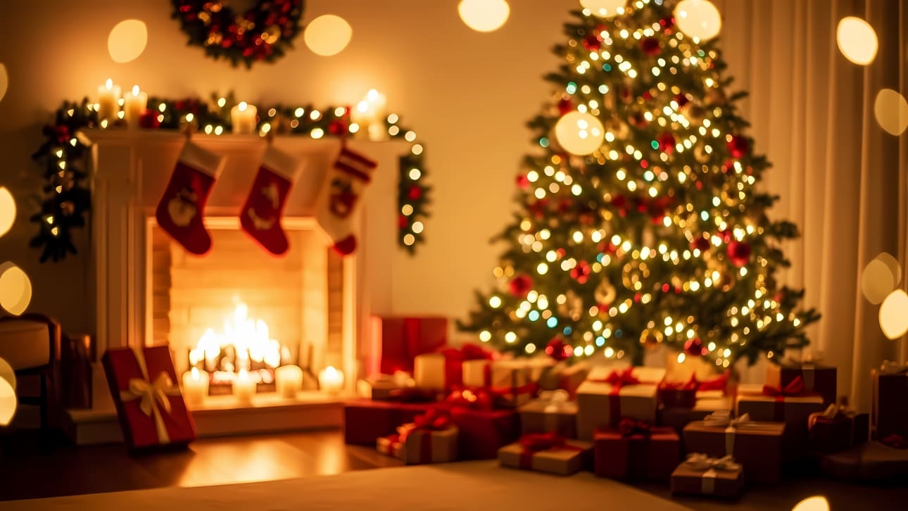 Capture the warm, festive spirit of Christmas with this charming bokeh background featuring a fireplace, tree, and glowing lights.