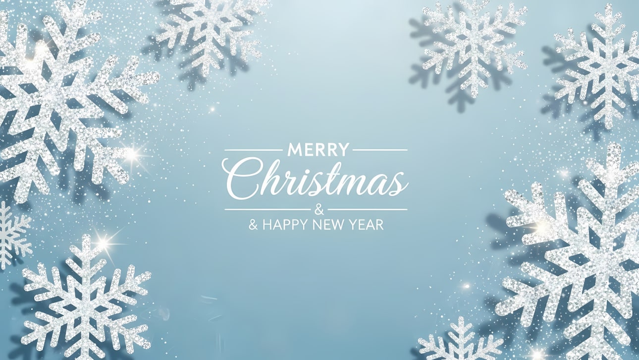 Download this elegant Merry Christmas & Happy New Year vector background, featuring sparkling glitter snowflakes and falling snow, perfect for