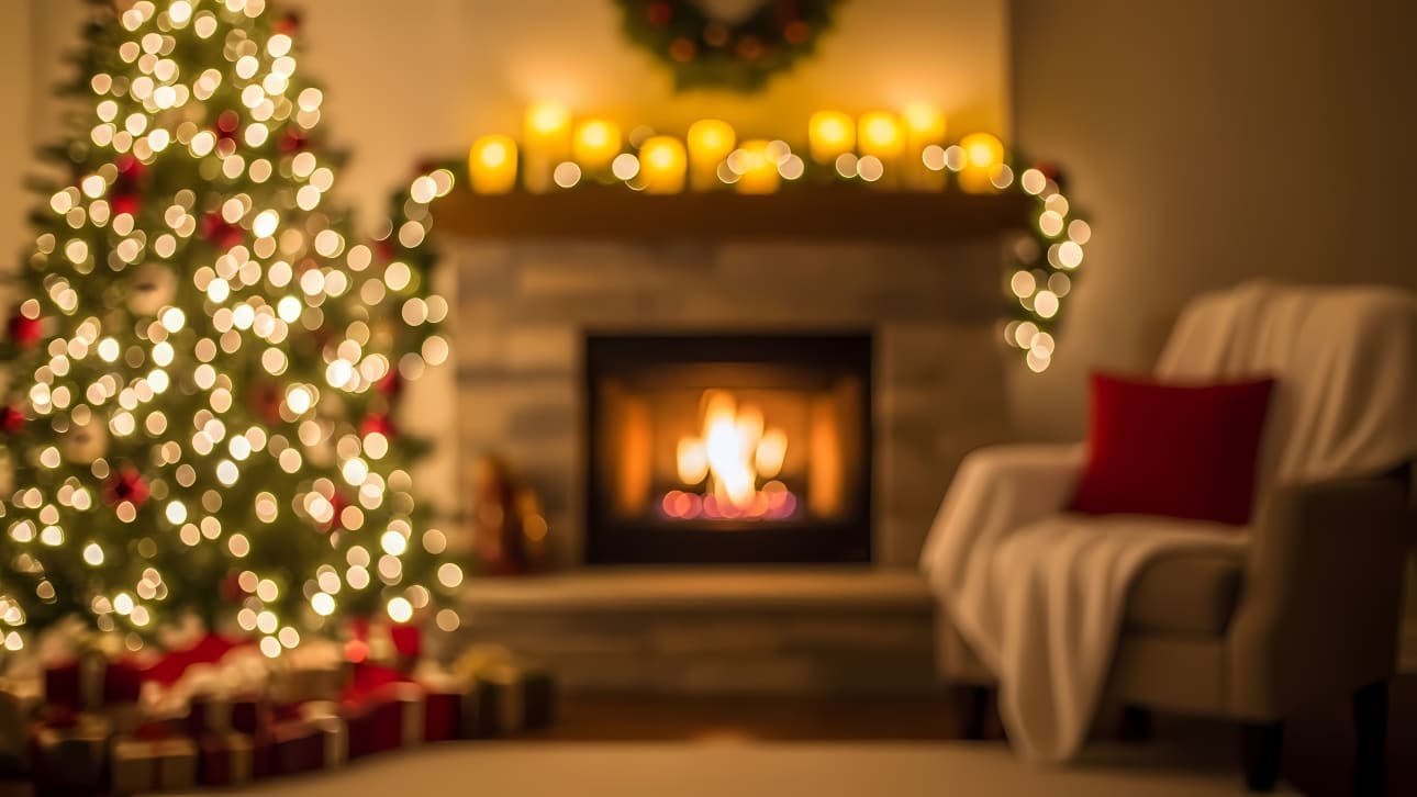 Capture the warm glow of Christmas with this cozy bokeh background, featuring a festive tree and fireplace for your holiday designs.