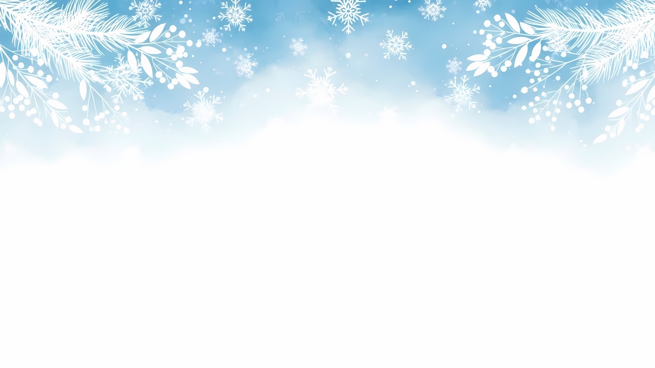 Download this beautiful winter wonderland border featuring snowflakes, pine, and holly on a watercolor blue background.