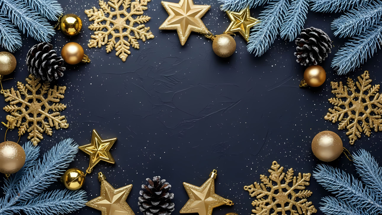 Elevate your designs with this elegant Christmas background, featuring sparkling gold ornaments and frosted blue pine on a dark canvas.