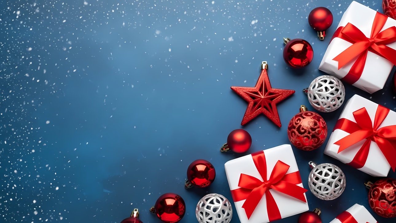 Download this stunning festive background featuring red Christmas ornaments, gift boxes, and falling snow on a deep blue surface.