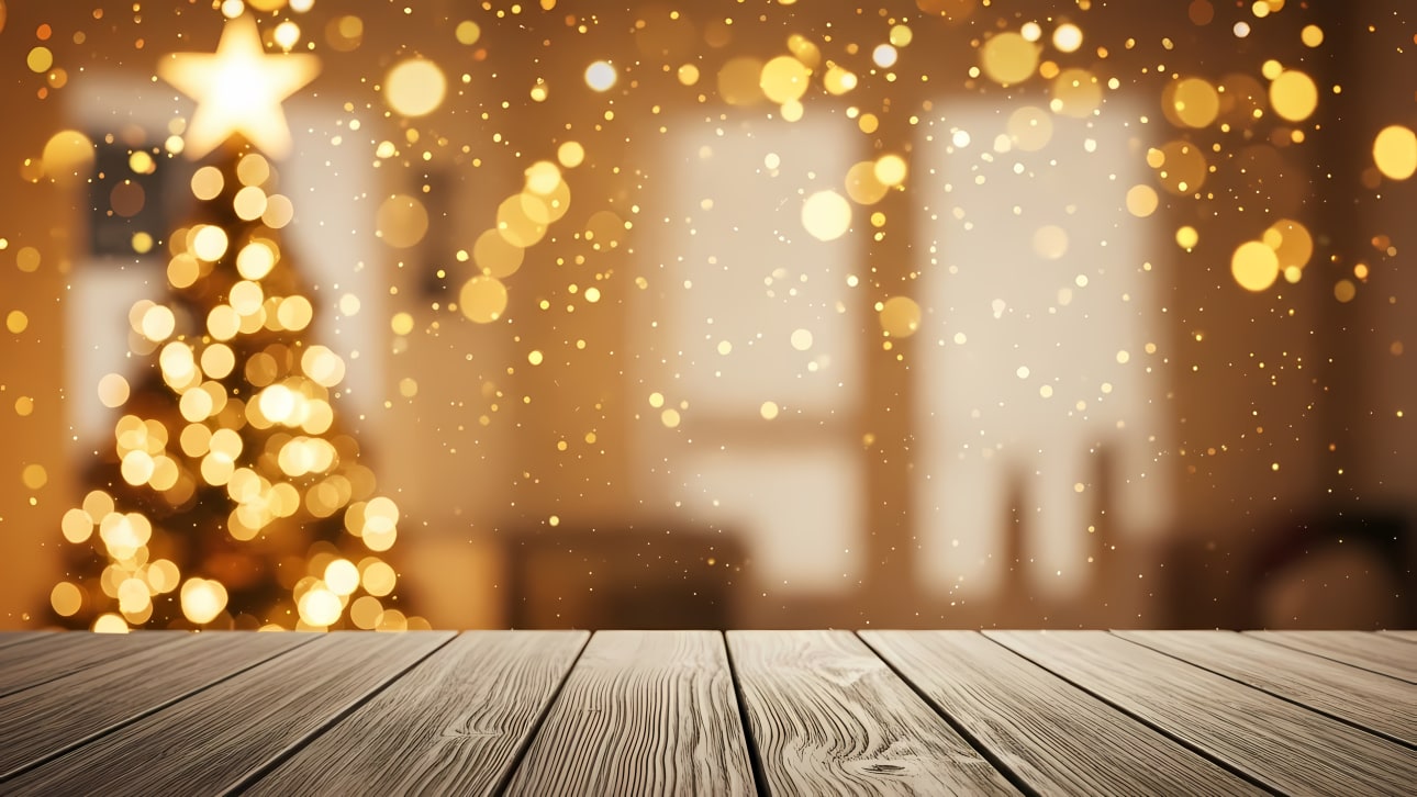 Download this festive golden Christmas bokeh background with sparkling lights and a rustic wooden table, perfect for holiday promotions.
