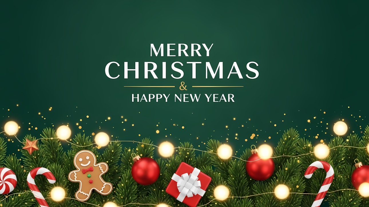 Download this beautiful Merry Christmas & Happy New Year banner featuring festive ornaments, pine branches, and glowing lights.