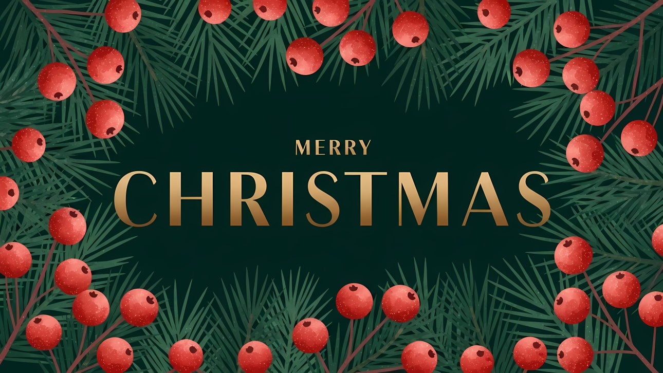 Discover a beautiful Merry Christmas vector background featuring elegant golden typography framed by festive red berries and evergreen branches,