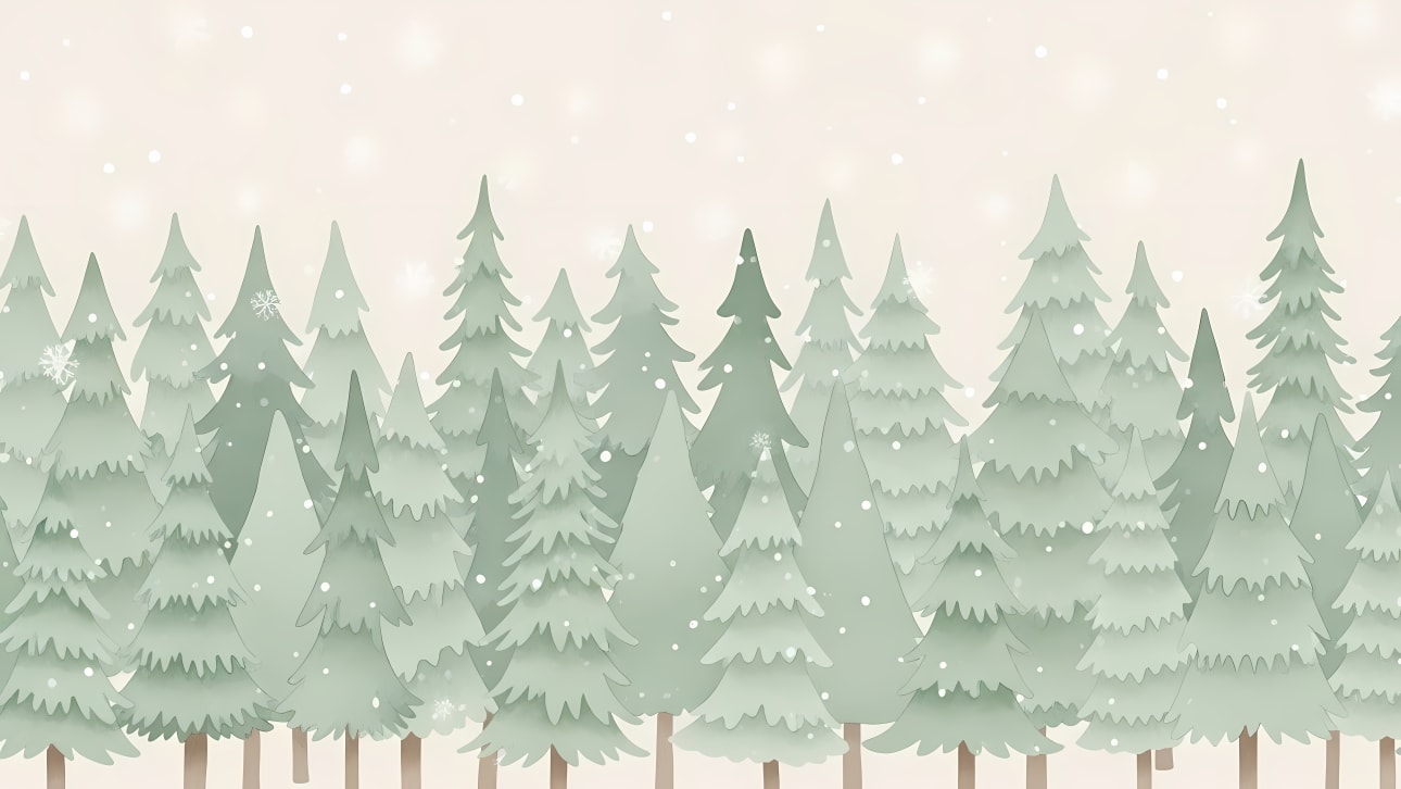 Charming winter forest background with gently falling snowflakes and pastel evergreen trees.