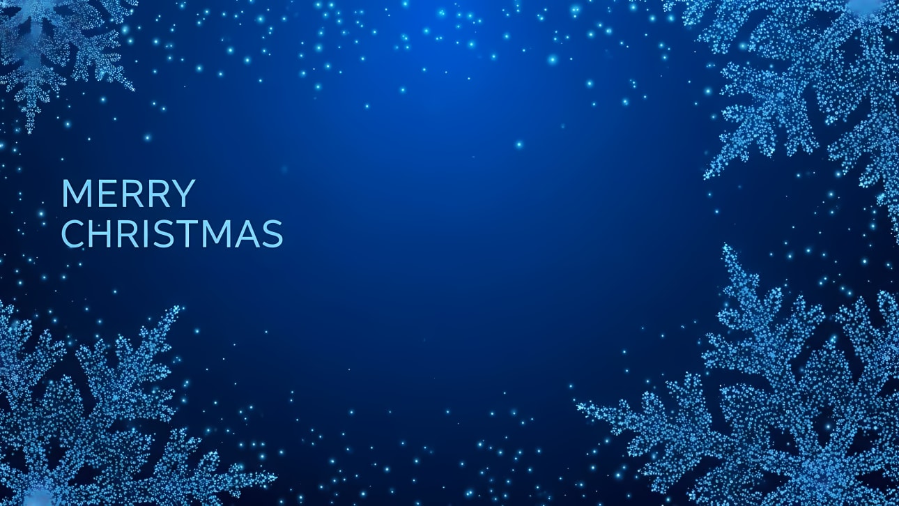 Download this free vector of a festive Merry Christmas background with glowing blue snowflakes and twinkling particles.