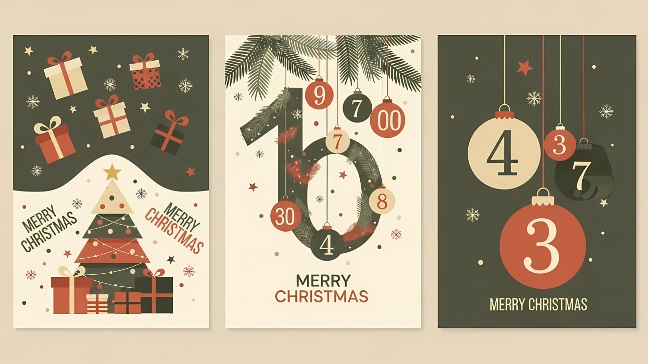 Three modern Christmas vector cards with advent countdowns, a festive tree, and gifts.