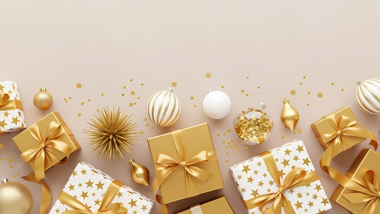 Luxurious golden gift boxes, festive Christmas ornaments, and confetti create an elegant holiday background. Ideal for New Year greetings.