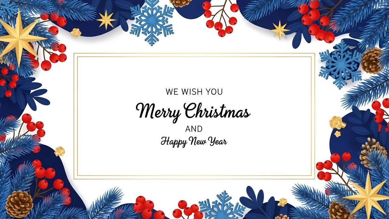 Download this elegant Christmas and New Year greeting card template. Features blue fir branches, red berries, snowflakes, and gold stars.
