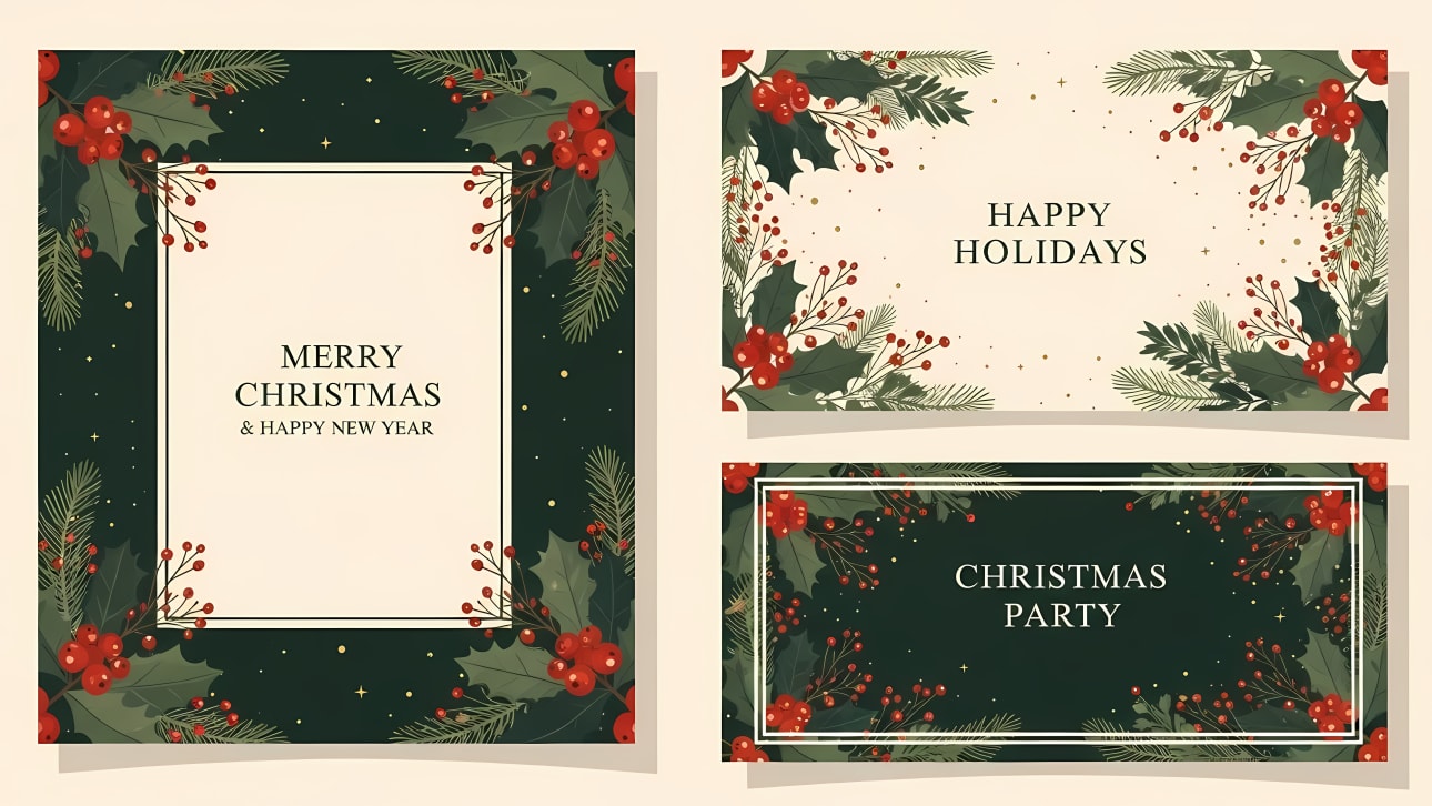 Download this festive collection of Christmas and Happy New Year cards featuring traditional holly, berries, and pine decor in a charming flat ve